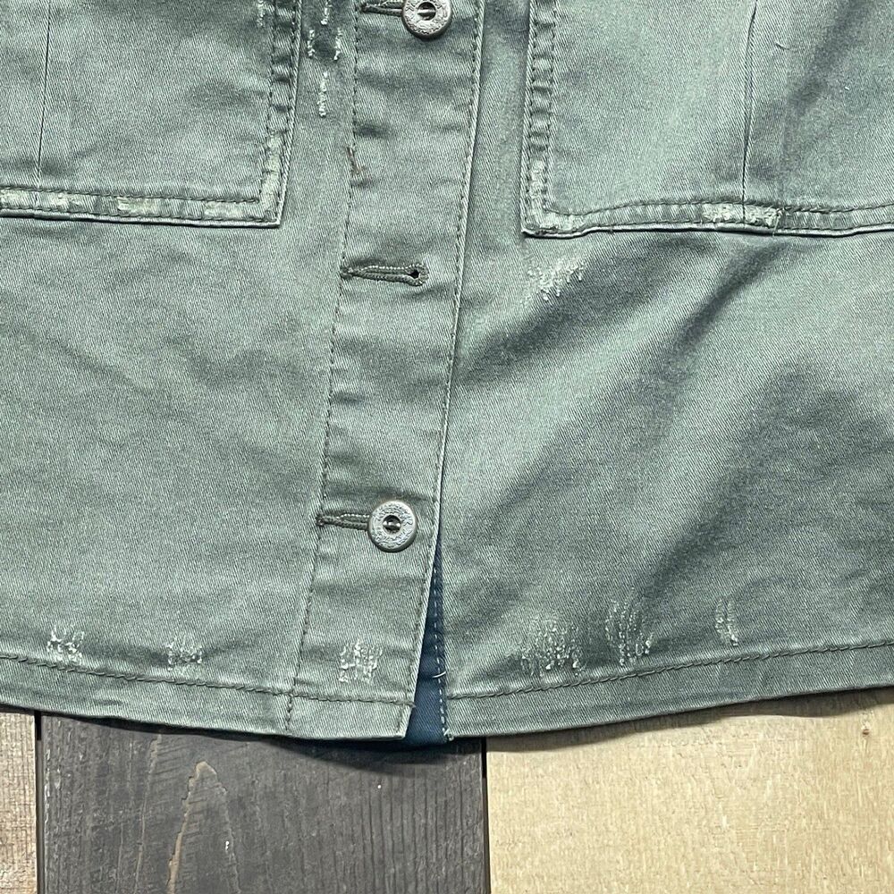 Free People MEDIUM Button Up Olive Denim Distressed Bomber Jacket **READ** - Picture 4 of 5